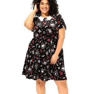 Disney Black Mini Dress with White Collar and Red Floral Accents